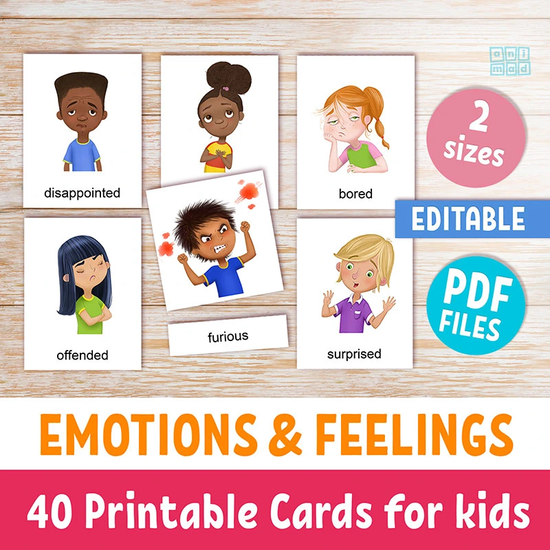 Emotions and feelings flashcards for kids - Printable and editable - AnimadPrintables - Featuring hand-drawn illustrations of various emotions like happy, sad, and excited