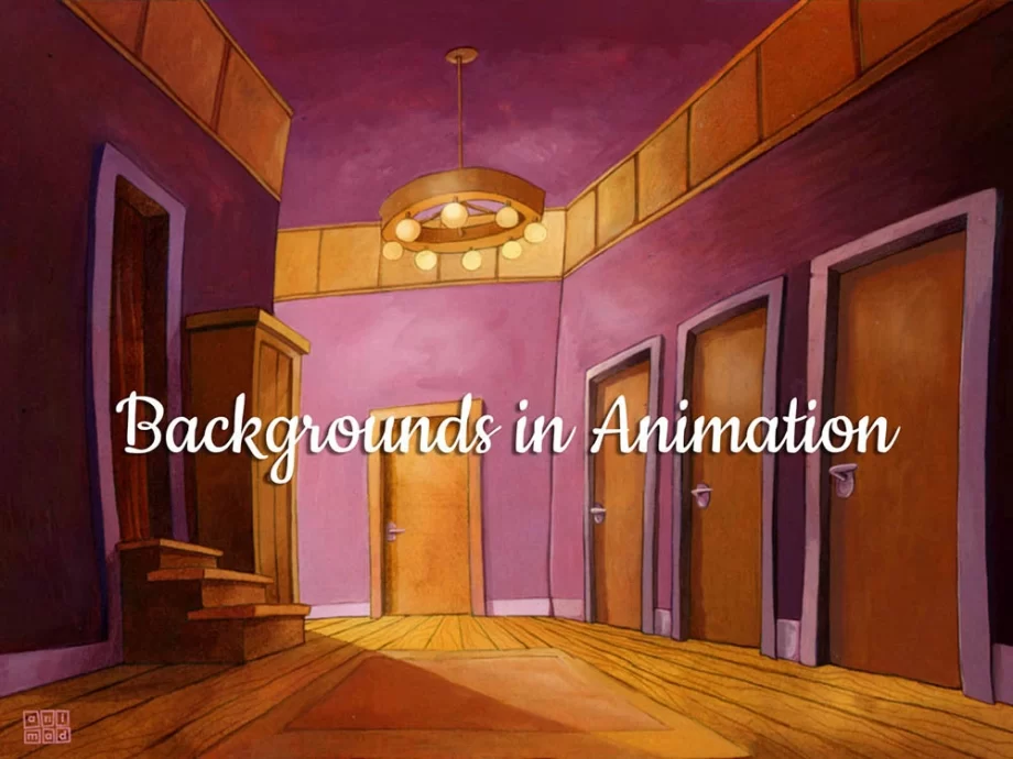 Background for animation featuring an ecoline painting of a theater backstage corridor with a warm palette of violet and ochre, created for an animation series by ANIMaD in 1996