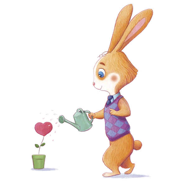 Illustration of a cute bunny watering a heart-shaped flower - Printable Yearly Wall Calendars for kids by AnimadPrintables