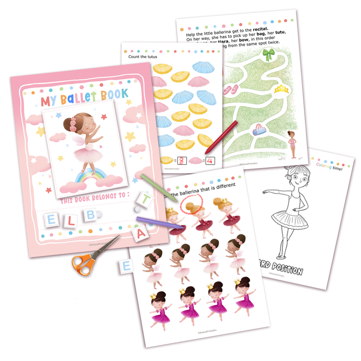 Various pages of Ballet Busy Book printable activities for kids, featuring ballet-themed tasks with scissors and velcro, instant download files by AnimadPrintables