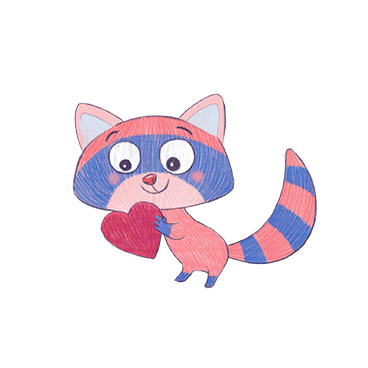 Hand drawn illustration of a cartoon racoon holding a heart, character Design - ANIMaD - 