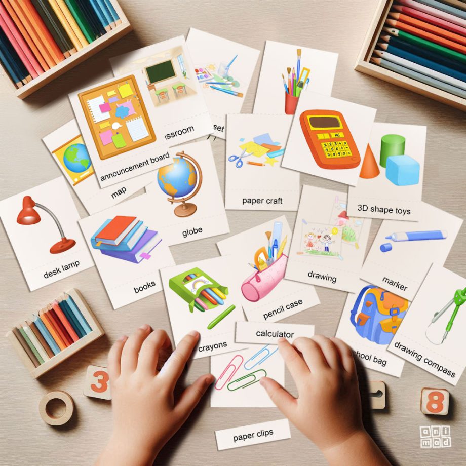 Printable and Editable Montessori flashcards for kids with hand drawn illustrations, made by ANIMaD, spread on a table