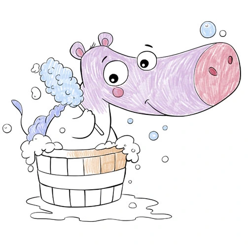 Illustration of funny hippo taking a bath - Coloring Pages for kids, Coloring Posters, Color by Code, Coloring Pages with editable text, Personalized Coloring Posters, by AnimadPrintables