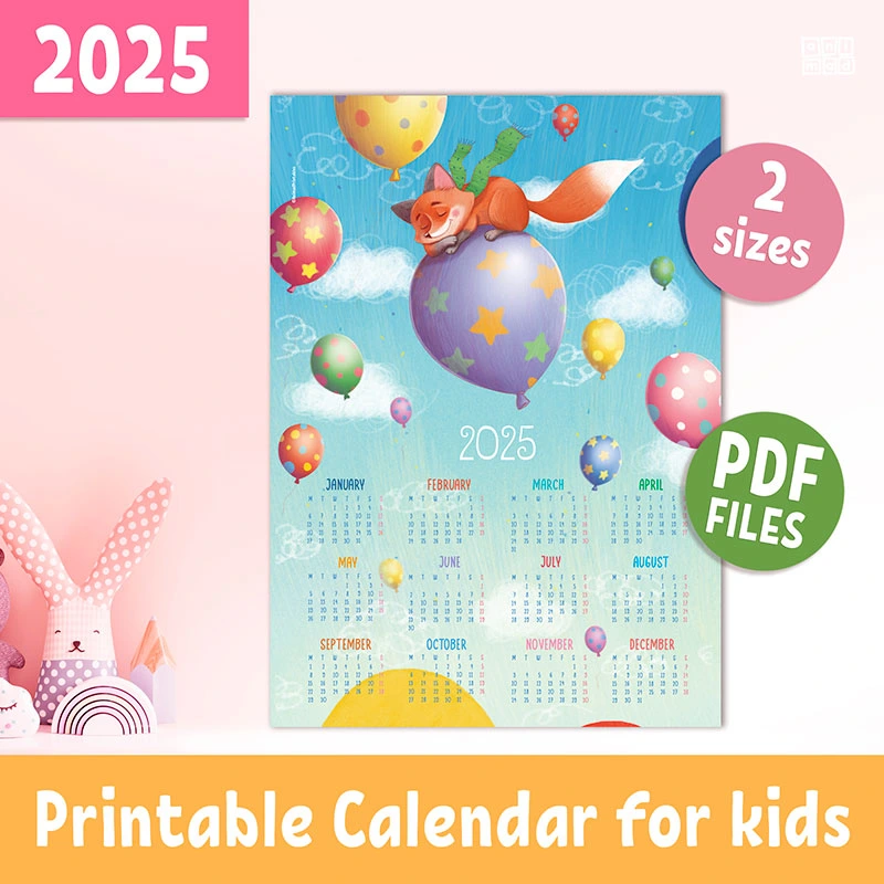 Printable Yearly Wall Calendar for kids with the hand-drawn illustration of a cute fox sleeping on a balloon in the sky made by Animad