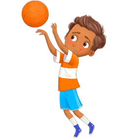 Hand drawn illustration of a little boy playing basket ball. Printable flashcards for kids with editable text labels by AnimadPrintables