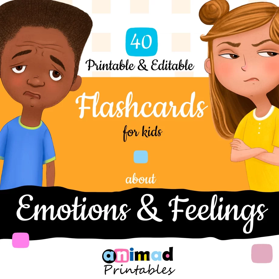 Emotions flashcards for kids : set of 40 printable flash cards, with hand-drawn illustrations of diverse children showcasing various emotions and feelings. The image shows cartoon-illustrations of 2 kids: an African-American boy presenting the emotion "disappointed" and a girl presenting the emotion "jealous". The flash cards are Instant download PDF files with editable text labels that can be translated to other languages. Montessori compatible, educational printable activities for kids, by ANIMaD.