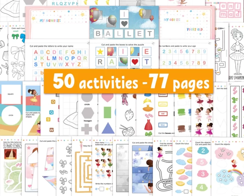 image shows pages of the book with 50 activities and 77 Printable PDF files, hand drawn by ANIMaD