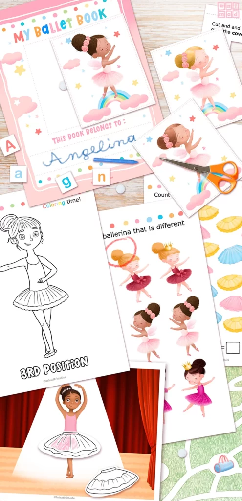 Ballet Busy Book activities for kids : various printable activities picturing hand drawn diverse ballerinas like coloring, labyrinth, personalize cover and more are shown top view on a table. Made by ANIMaD