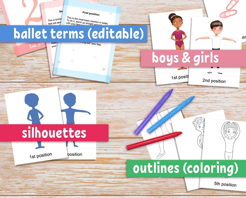 Primary positions ballet flashcards, editable and printable. The image includes sections labeled 'ballet terms (editable)', 'boys & girls', 'silhouettes', and 'outlines (coloring)'. Various flashcards with illustrations of ballet positions and colored pencils are displayed.