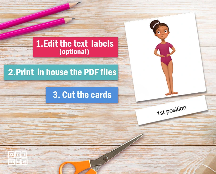 Instructions for creating primary positions ballet flashcards for kids, showing steps to edit text labels, print PDF files, and cut the cards. Includes an illustration of a little Afro-American ballerina in the 1st ballet position, scissors, and colored pencils on a wooden surface. By ANIMaD