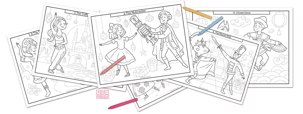 Nutcracker Ballet Coloring Pages for kids showing dances for the famous ballet like the Coffee Dance, the Tea Dance, The Mouse King and more. Instant download PDF file with editable text labels.