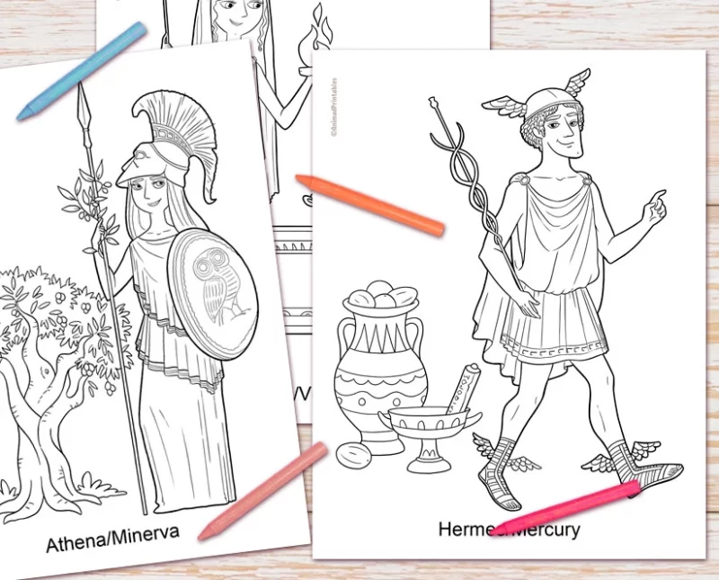 Printable Coloring Pages for kids with editable text labels- Ancient Greek Gods - ANIMaD - Image shows the hand drawn illustrations of Hermes and Athena