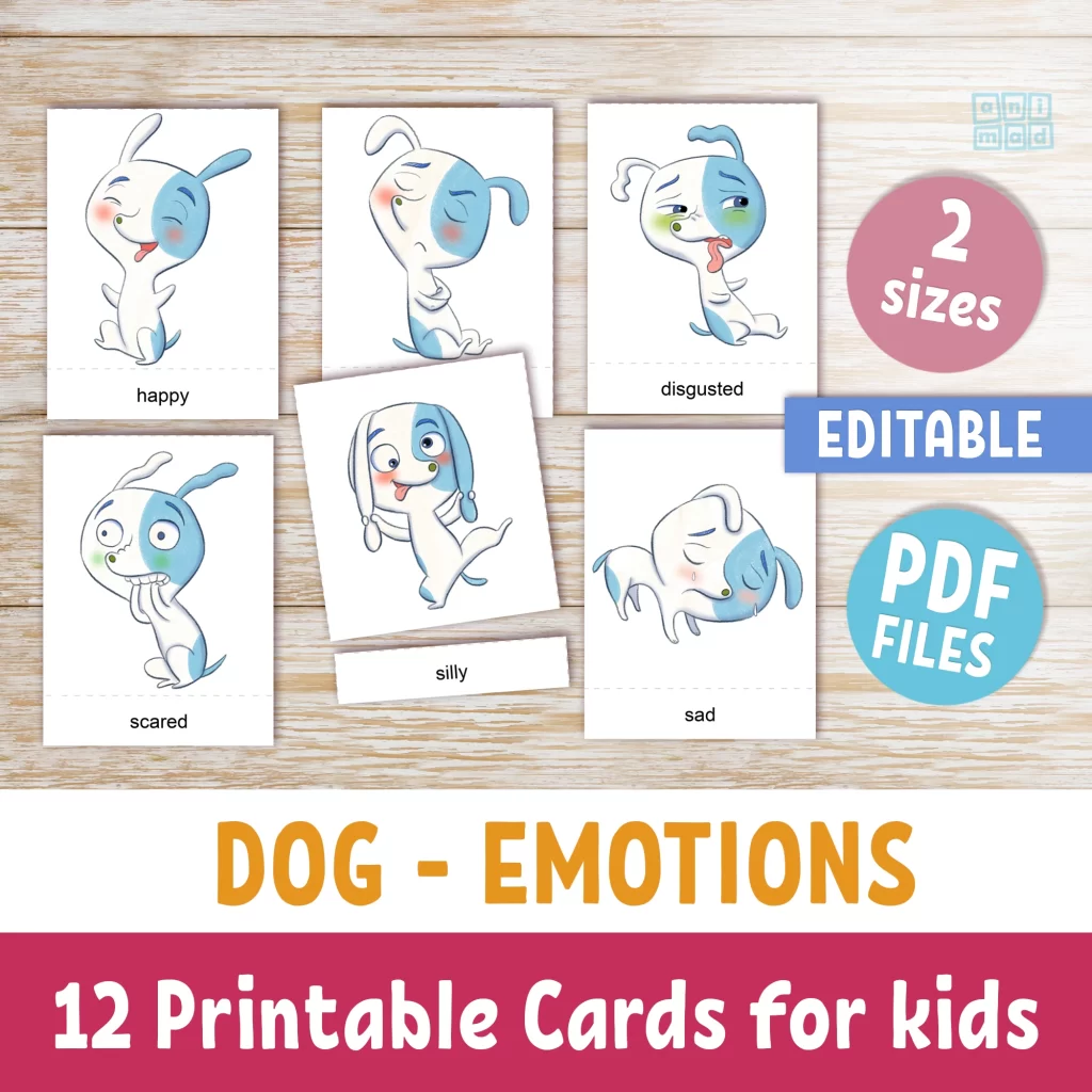 Printable and editable flashcards for kids, picturing hand drawn illustrations of Funny cartoon dog in various face expressions like sad, happy, scared and more. 3 part Montessori flashcards from ANIMaD