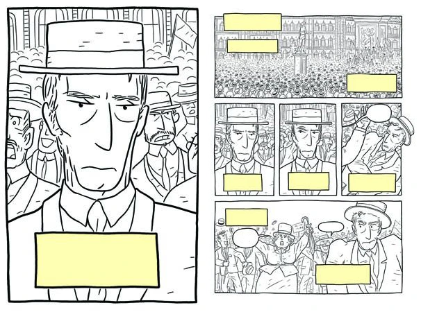 Inking for Logicomix - graphic novel- ANIMaD - image shows 2 pages from Logicomix, picturing people and a close up of a man with a hat, in black outline