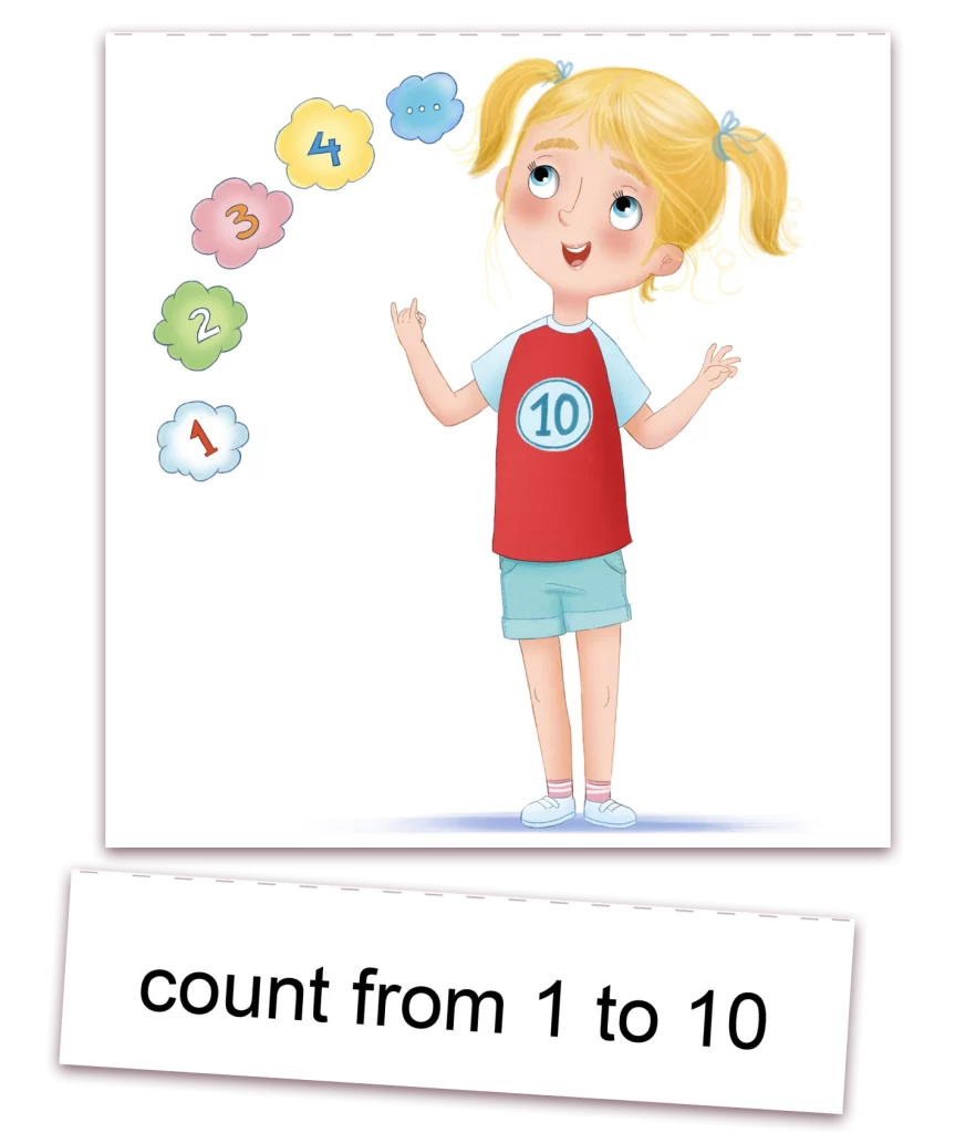 Montessori flashcard for kids -coping skills count to 10 - ANIMaD - picture shows our hand drawn illustration of a little girl counting to 10