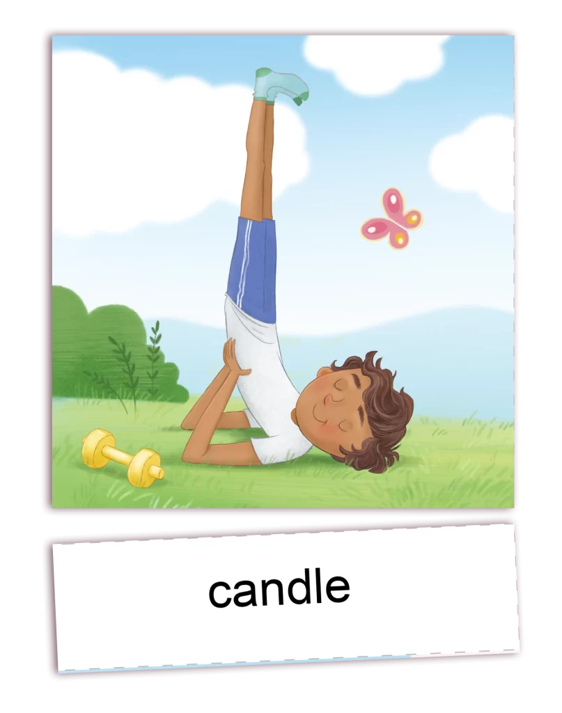 Montessori Flashcard - Editable and Printable 3 part card, Yoga Pose Candle - illustration of a boy practicing the candle yoga pose in the nature -ANIMaD