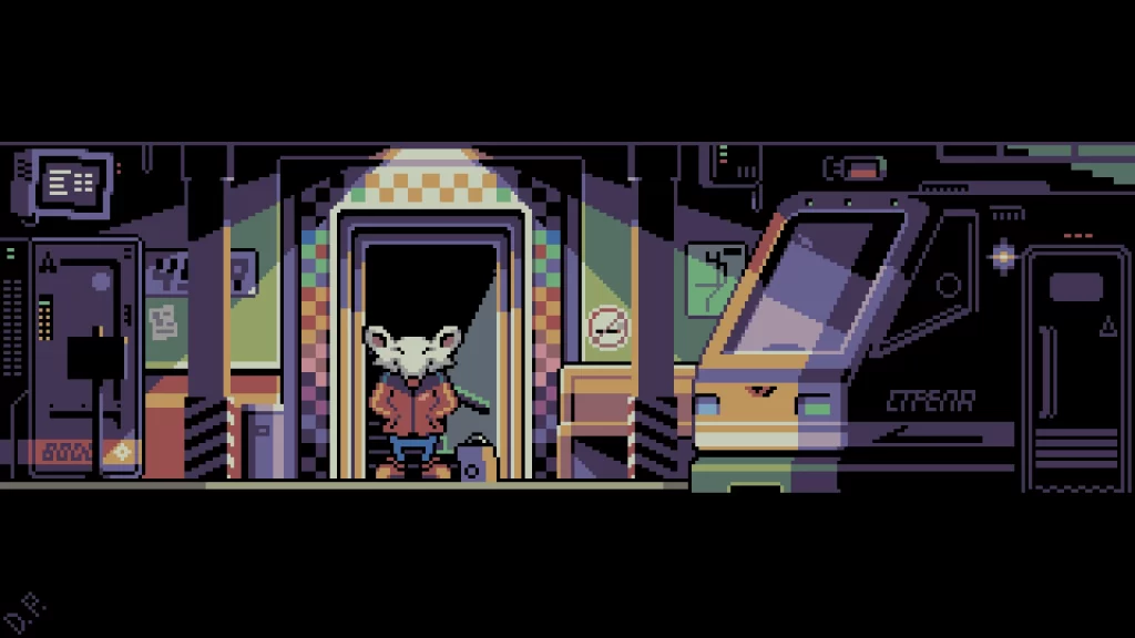 Pic 1 - Night Train -a cartoon mouse is waiting for the subway train - pixelart