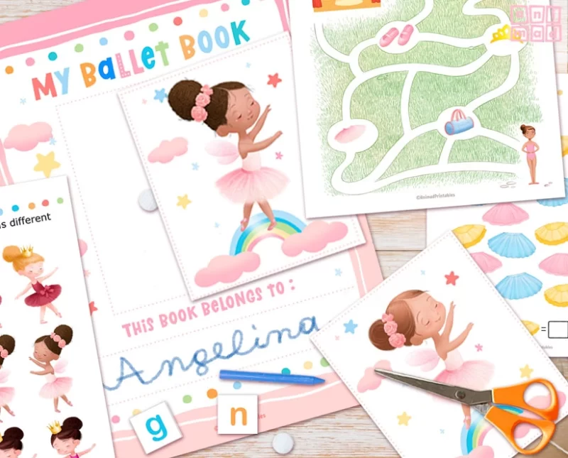 Printable Activity for kids - Ballet busy book - ANIMaD - image shows top down view of hand-drawn illustrations of various pages form the busy book, showing activities like labyrinth, cut and paste the letters and more