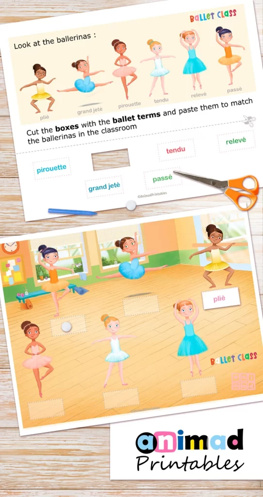 Image shows 2 pages of the ballet busy book with a cut and paste matching activity, that helps kids learn basic ballet positions. Hand drawn by ANIMaD