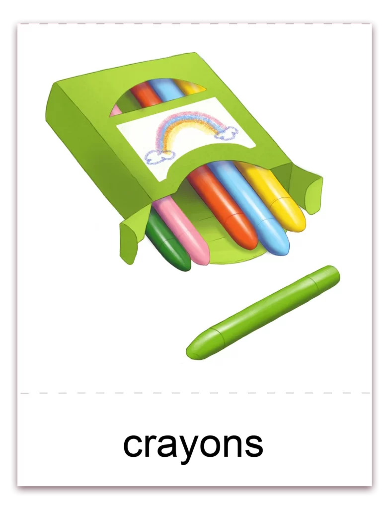 Crayons Montessori flashcard- 3 part card - Master Card -ANIMaD - image shows the illustration of a box with colorful crayons and text writes "crayons"