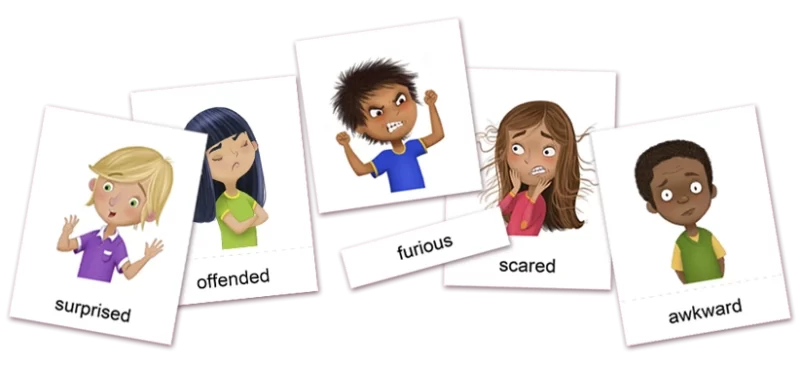 Emotions Flashcards for Kids : hand-drawn illustrations of diverse children showcase the emotions surprised, offended, furious, scared, awkward. 3-part Printable emotions and feelings cards, with editable text labels, compatible with the Montessori learning method. By ANIMaD