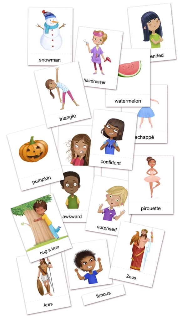 Montessori Flashcards for kids shown top view - ANIMaD - picture shows flashcards with illustrations of emotions like furious, Greek gods like Ares, ballet like pirouette, a pumpkin, a watermelon and more