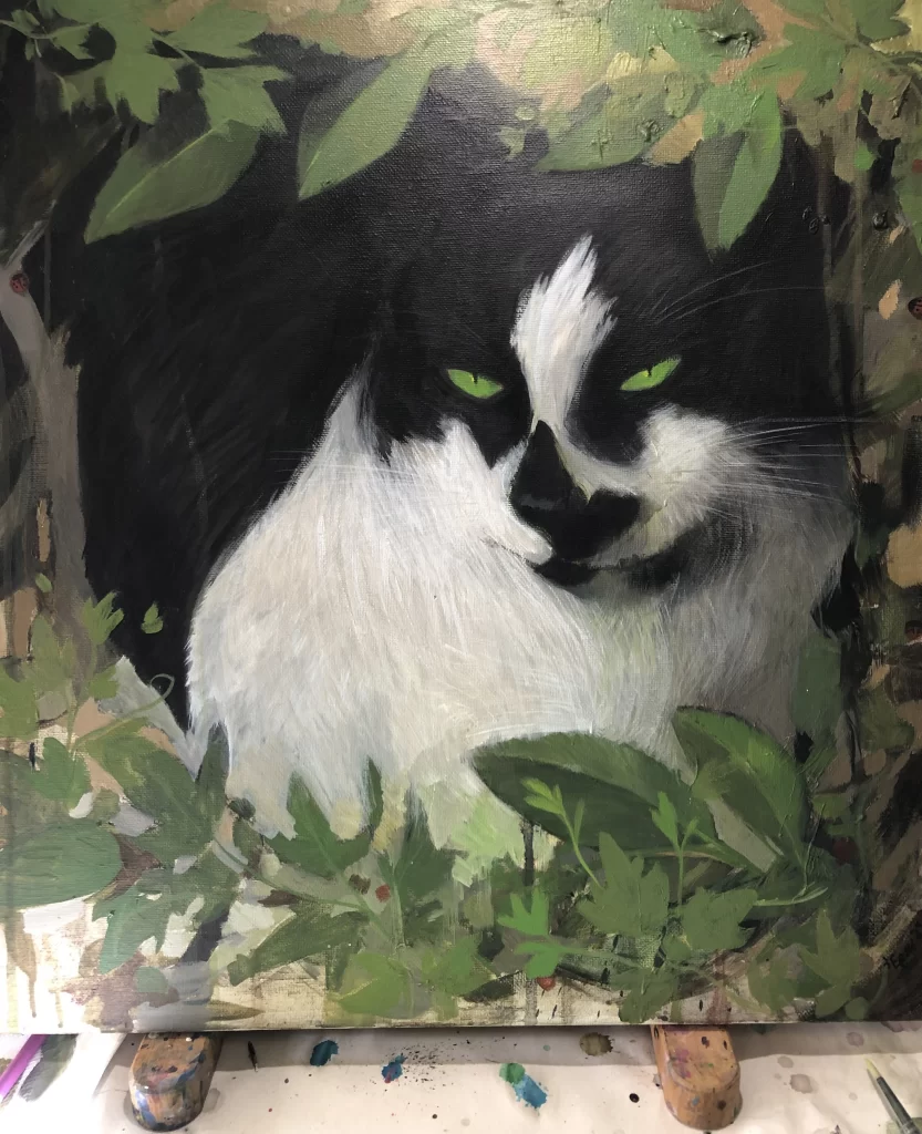 hand drawn acrylic painting of a black and white cat - by ANIMaD