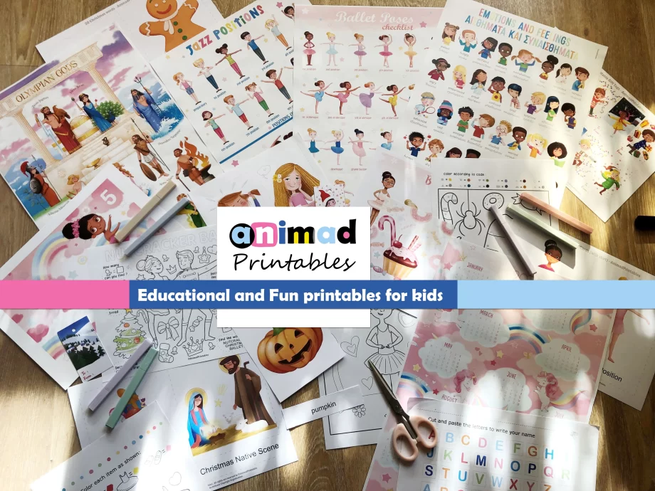 Educational Printables for Kids - ANIMaD Photo of Various fund and Educational Printables for kids spread on the floor: Educational Posters and Editable Flashcards, Coloring Pages and Printable Calendars for kids, with cartoon hand drawn colorful designs