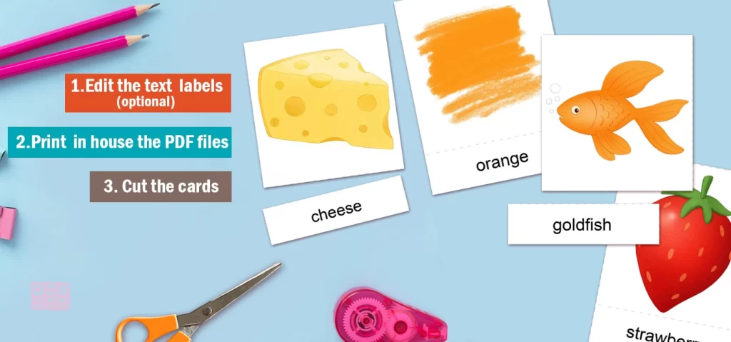 Montessori flashcards for kids about colors- Printable and Editable 3-part cards -ANIMaD - Picture shows flashcards with illustrations of "cheese", "goldfish" , "strawberry" and "color orange", top down view. There is also scissors and instructions on how to use the cards