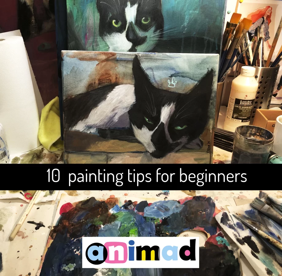 Painting tips for beginners : The image shows a working table with acrylic colors, brushes, and paintings by ANIMaD. The setup is a bit messy, reflecting the artistic process