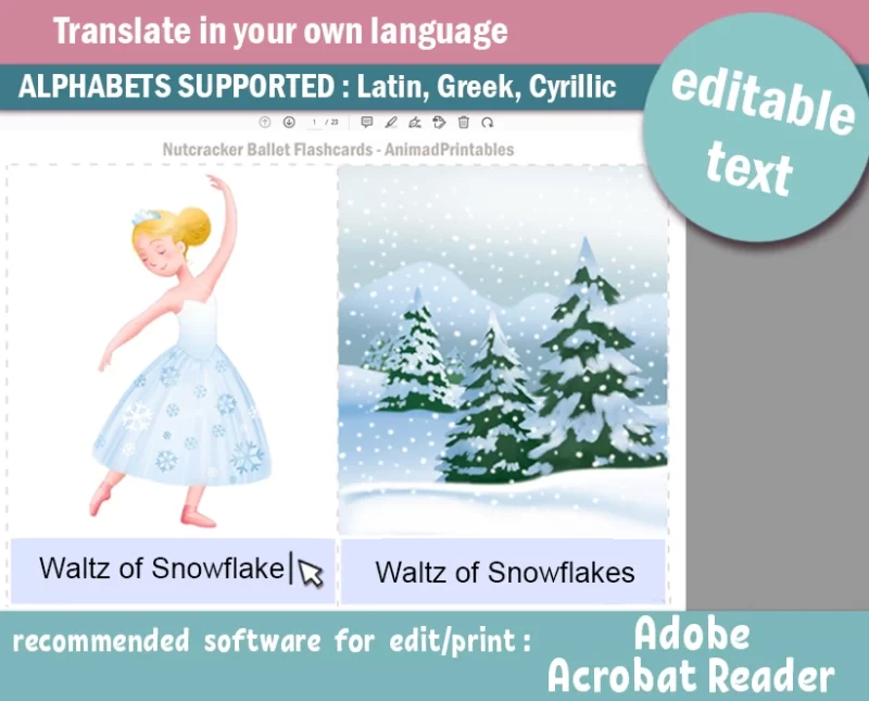 NUTCRACKER BALLET editable and printable 3-part flashcards for kids, with hand drawn illustrations by ANIMaD. Image shows a ballerina dancing in a ballet position the waltz of Snowflakes