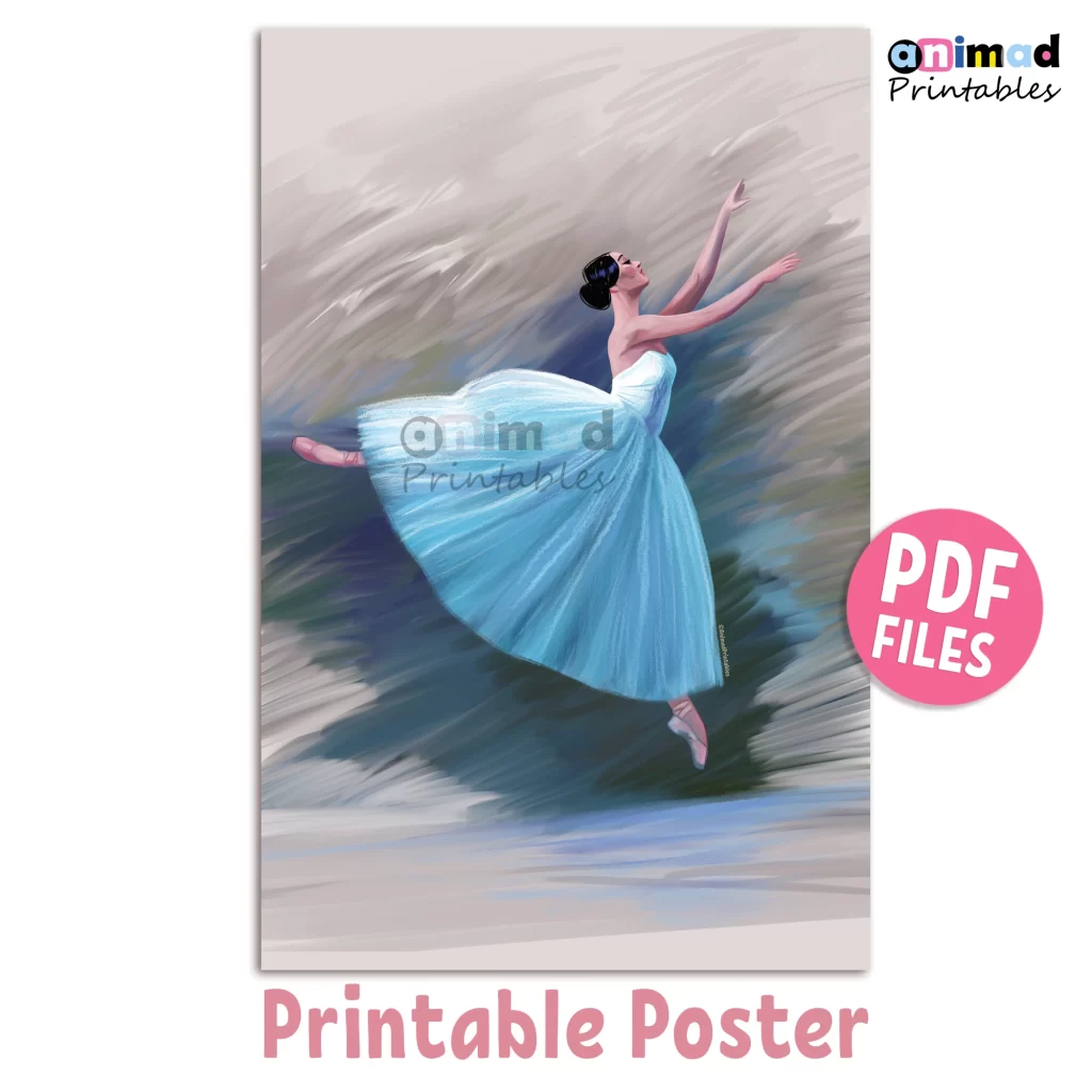 Digital Oil Painting of a ballerina with a long blue dress dancing. Hand drawn, printable wall art poster by ANIMaD. Instant download PDF file