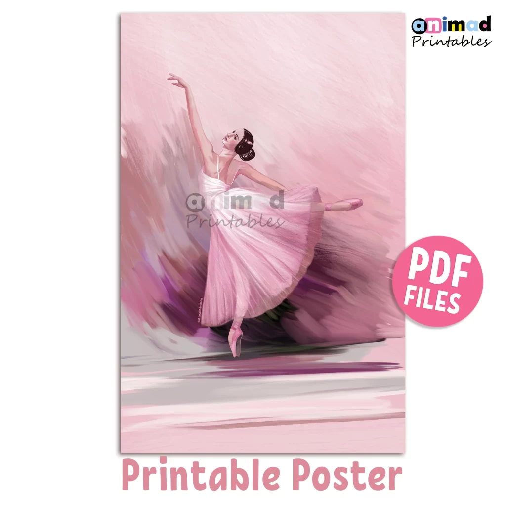 Digital Oil Painting of a ballerina with a long pink dress dancing. Hand drawn, printable wall art poster by ANIMaD. Instant download PDF file