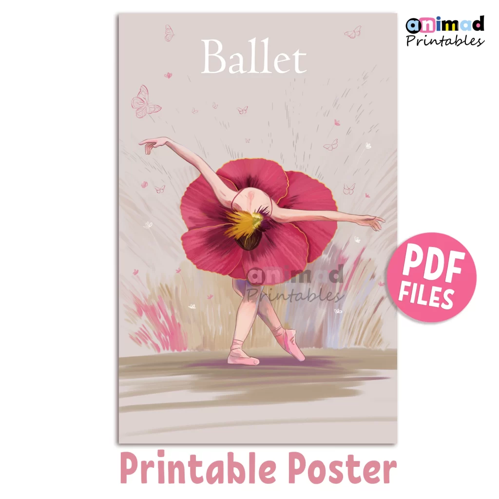 Digital Oil Painting of a ballerina with a tutu like a red flower, dancing. Hand drawn, printable wall art poster by ANIMaD. Instant download PDF file