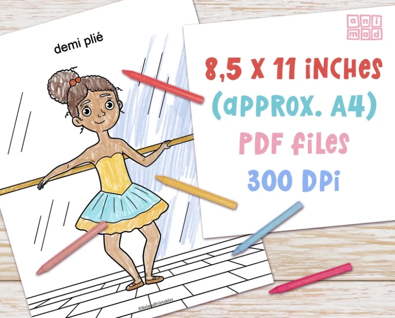 Editable-text and printable set of 26 Educational Ballet Coloring Pages, with hand drawn illustrations of diverse ballerinas in various basic and advanced ballet positions. Prints on letter size and A4, instant download PDF files. Made by ANIMaD