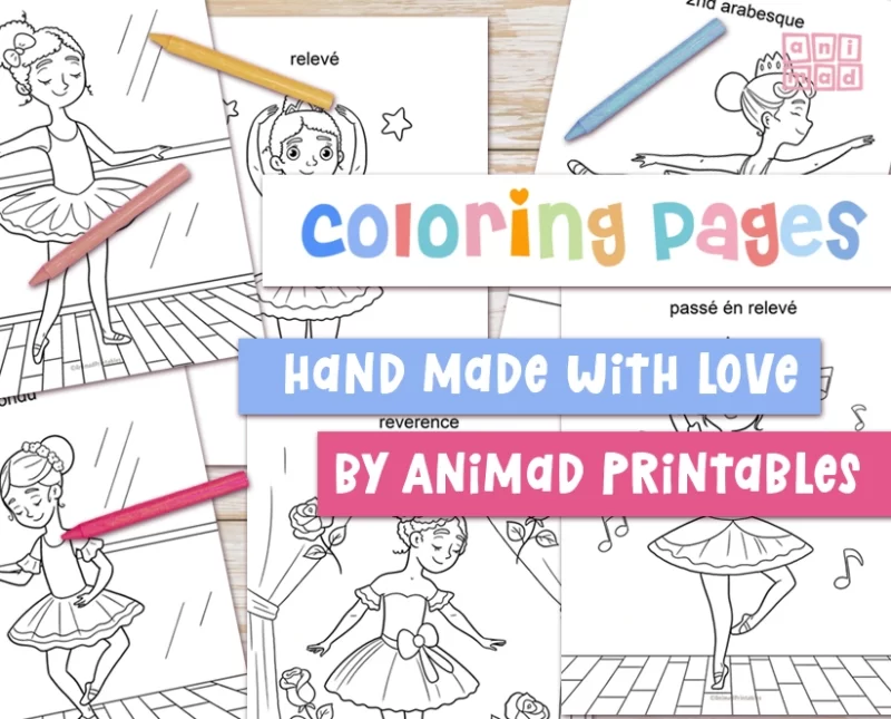 Editable-text and printable set of 26 Educational Ballet Coloring Pages, with hand drawn illustrations of diverse ballerinas in various basic and advanced ballet positions. Prints on letter size and A4, instant download PDF files. Made by ANIMaD