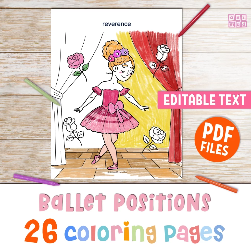 Editable and printable set of Educational Ballet Coloring Pages, with hand drawn illustrations of diverse ballerinas in various basic and advanced ballet positions. Made by ANIMaD
