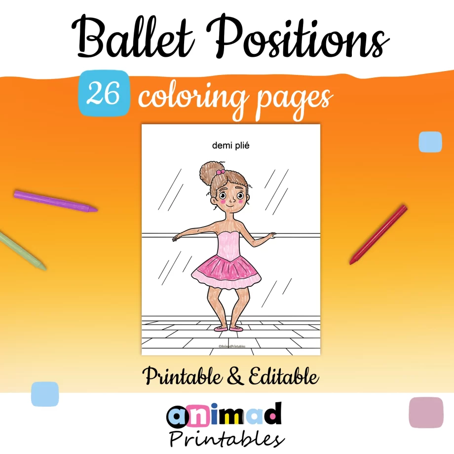 Editable and printable set of Educational Ballet Coloring Pages, with hand drawn illustrations of diverse ballerinas in various basic and advanced ballet positions. The set includes 26 simple and easy coloring pages, that print on letter size and A4 paper. Various basic and advanced ballet positions are included, like the 5 primary positions, 5 arabesques (and arabesque penche) Releve, Passe en Releve, Pirouette, Developpe, Cambre, Demi Plie, Grand Plie, Tendu, Fondu, Attitude (devant & derrier), Reverence, Echappe, Grand jete, Grand battement. Perfect ballet educational resource, for homeschool and dance teachers. Made by ANIMaD