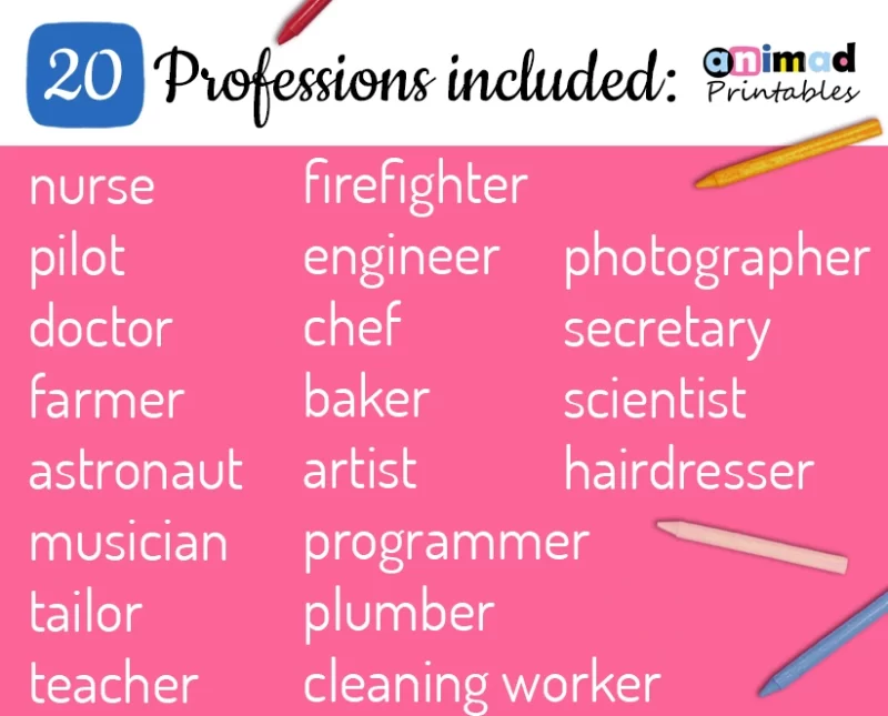 Printable coloring pages for kids about PROFESSIONS with editable text labels : translate to your own language! Hand drawn illustrations of various professions and their related items. Professions included : programmer, doctor, pilot, chef and more. Made by Animad