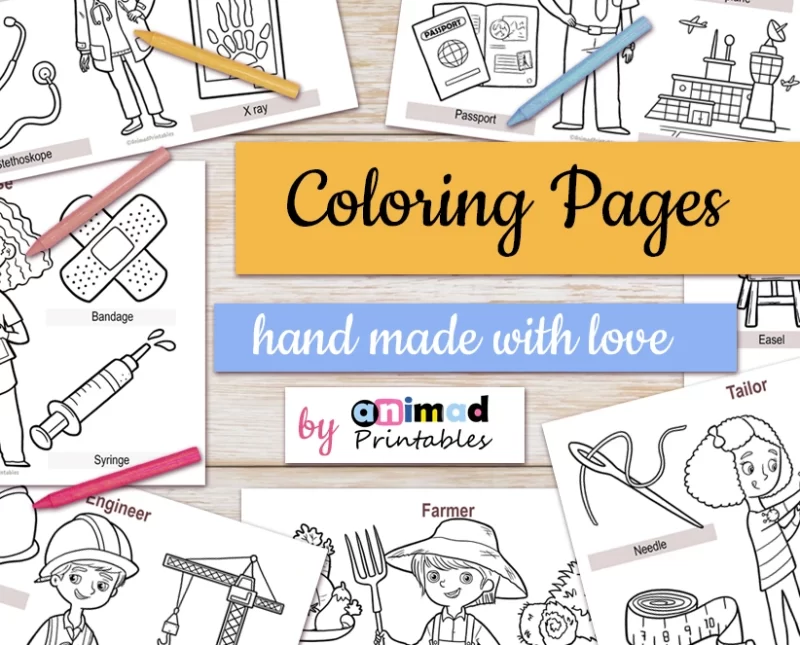 Educational Professions Coloring Pages for kids with editable text- labels and hand drawn illustrations by Animad